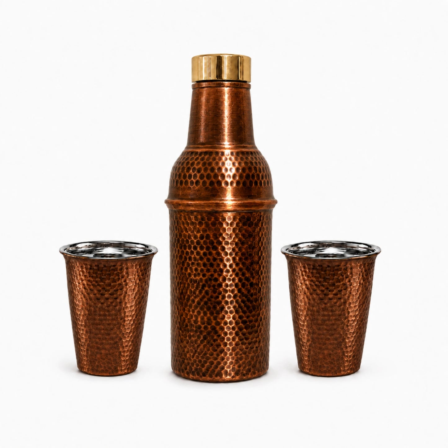 Copper Bottle Set with Brass Lid – Tin-Lined Cups, Handcrafted
