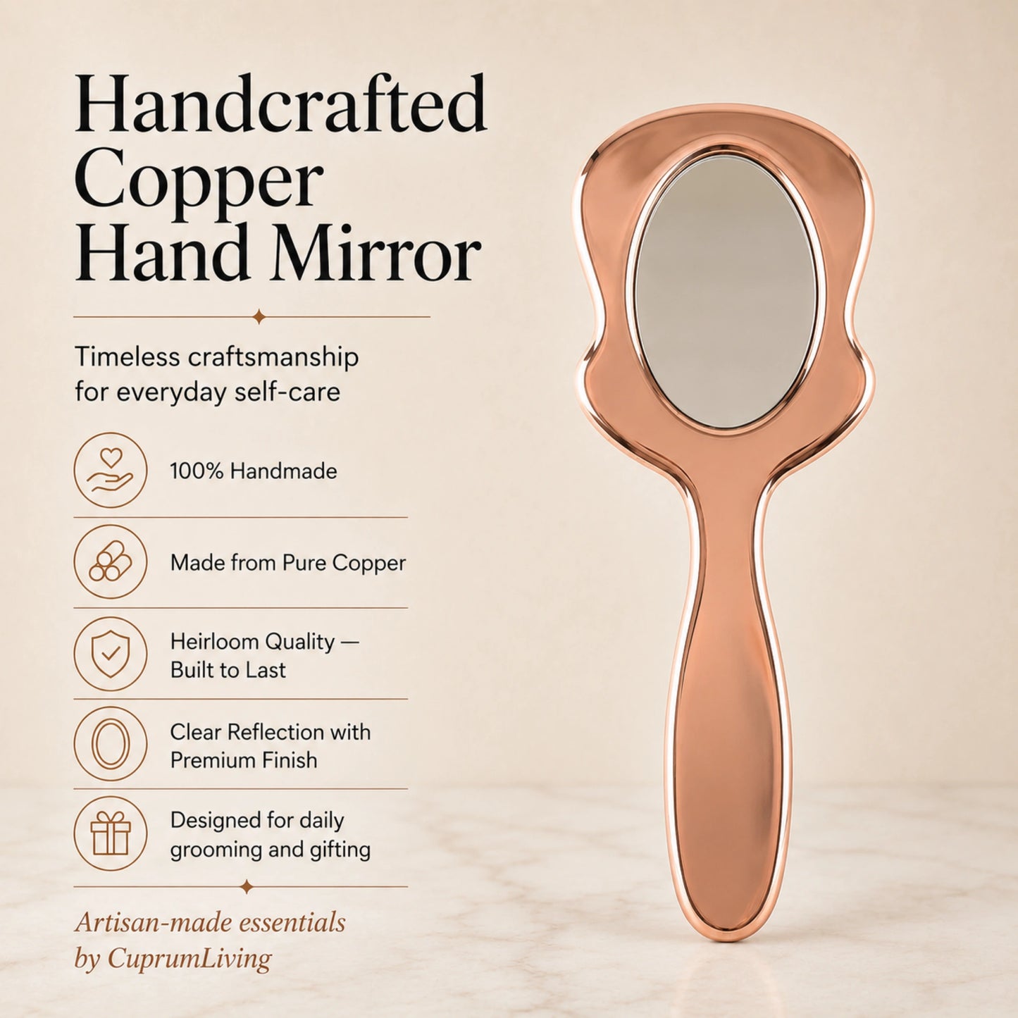Handcrafted Pure Copper Hand Mirror