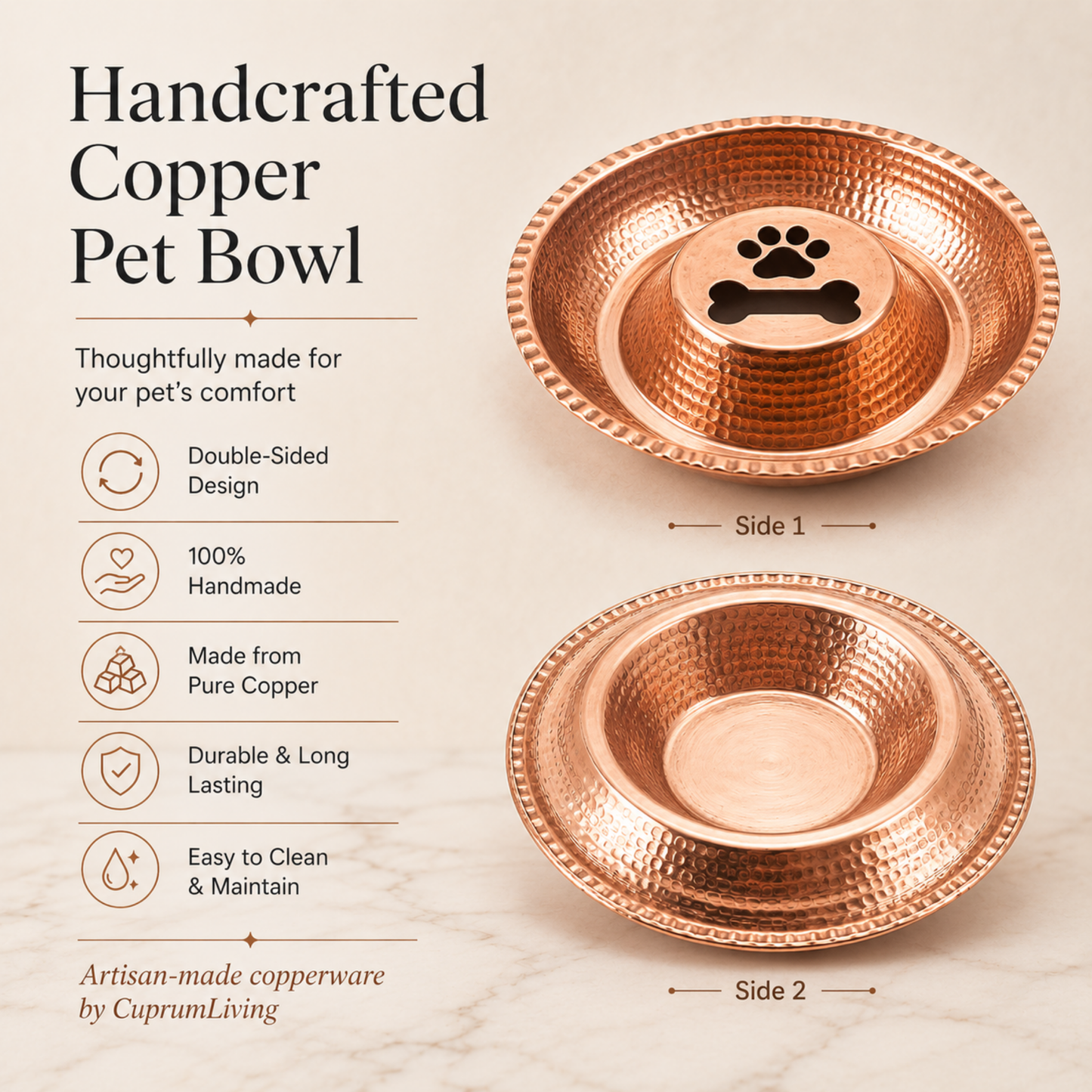 Handcrafted Pure Copper Double-Sided Pet Bowl