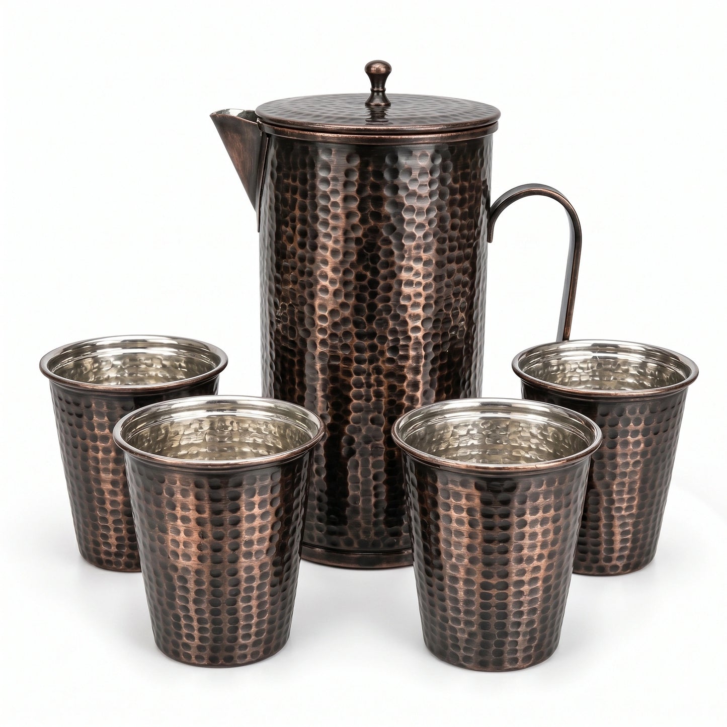 Handcrafted Hammered Copper Pitcher Set of 4 Cups