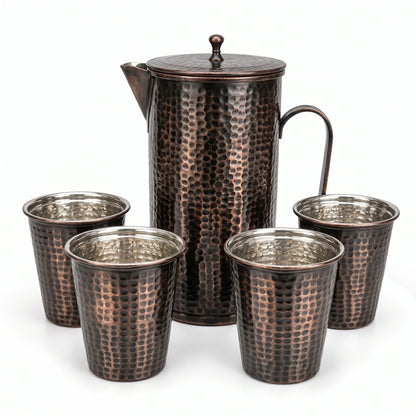 Handcrafted Hammered Copper Pitcher Set of 4 Cups
