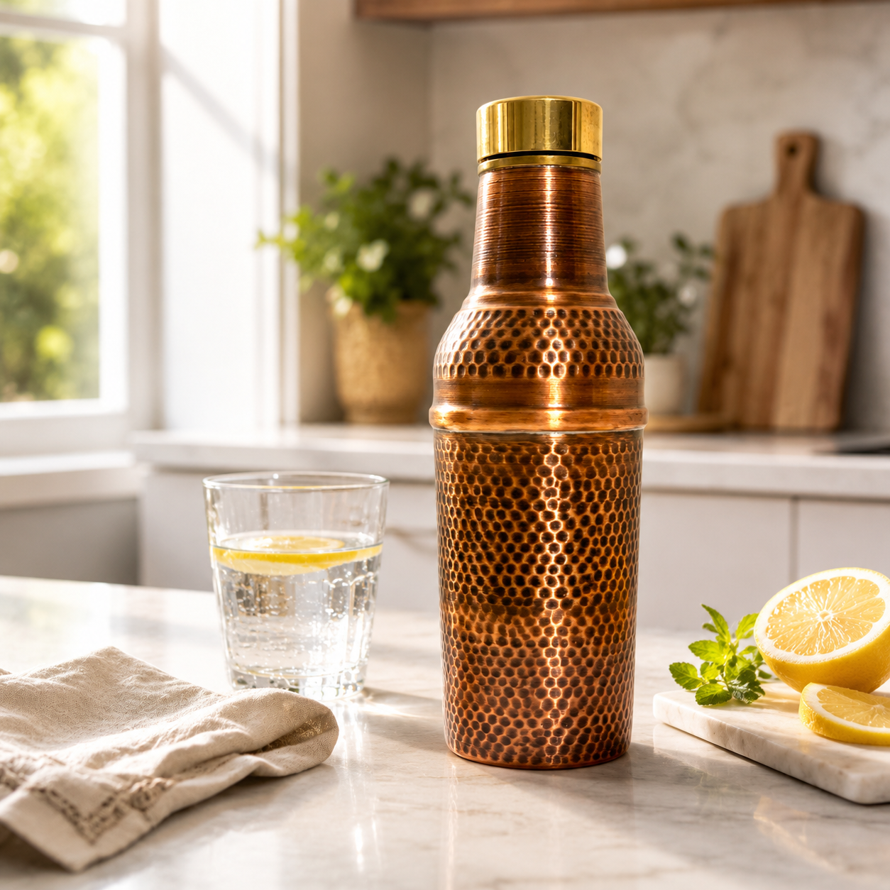 Brass Lid Handcrafted Hammered Copper Bottle Set
