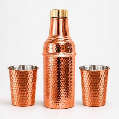 Brass Lid Handcrafted Hammered Copper Bottle Set