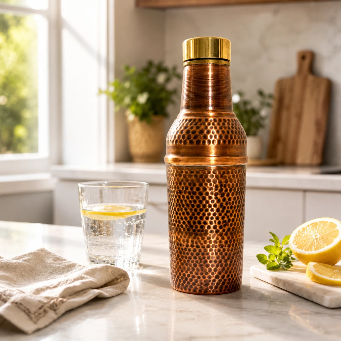 Copper Bottle Set with Brass Lid – Tin-Lined Cups, Handcrafted