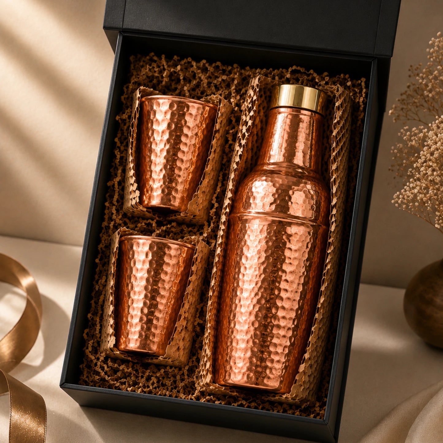 Copper Bottle Set with Brass Lid – Tin-Lined Cups, Handcrafted