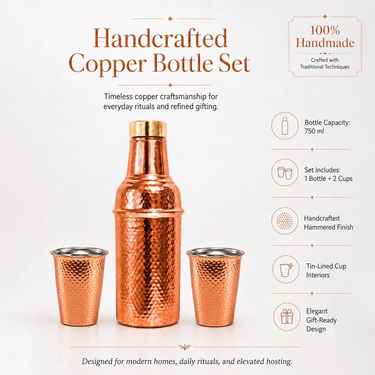Copper Bottle Set with Brass Lid – Tin-Lined Cups, Handcrafted