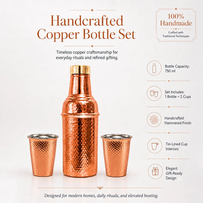 Copper Bottle Set with Brass Lid – Tin-Lined Cups, Handcrafted