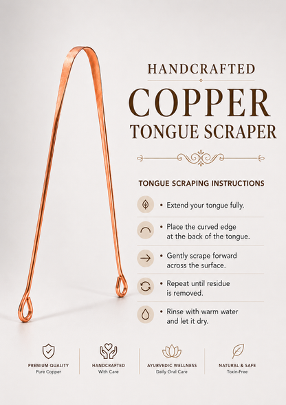 Handcrafted Pure Copper Tongue Scraper Natural - Toxin-Free Daily Oral Hygiene