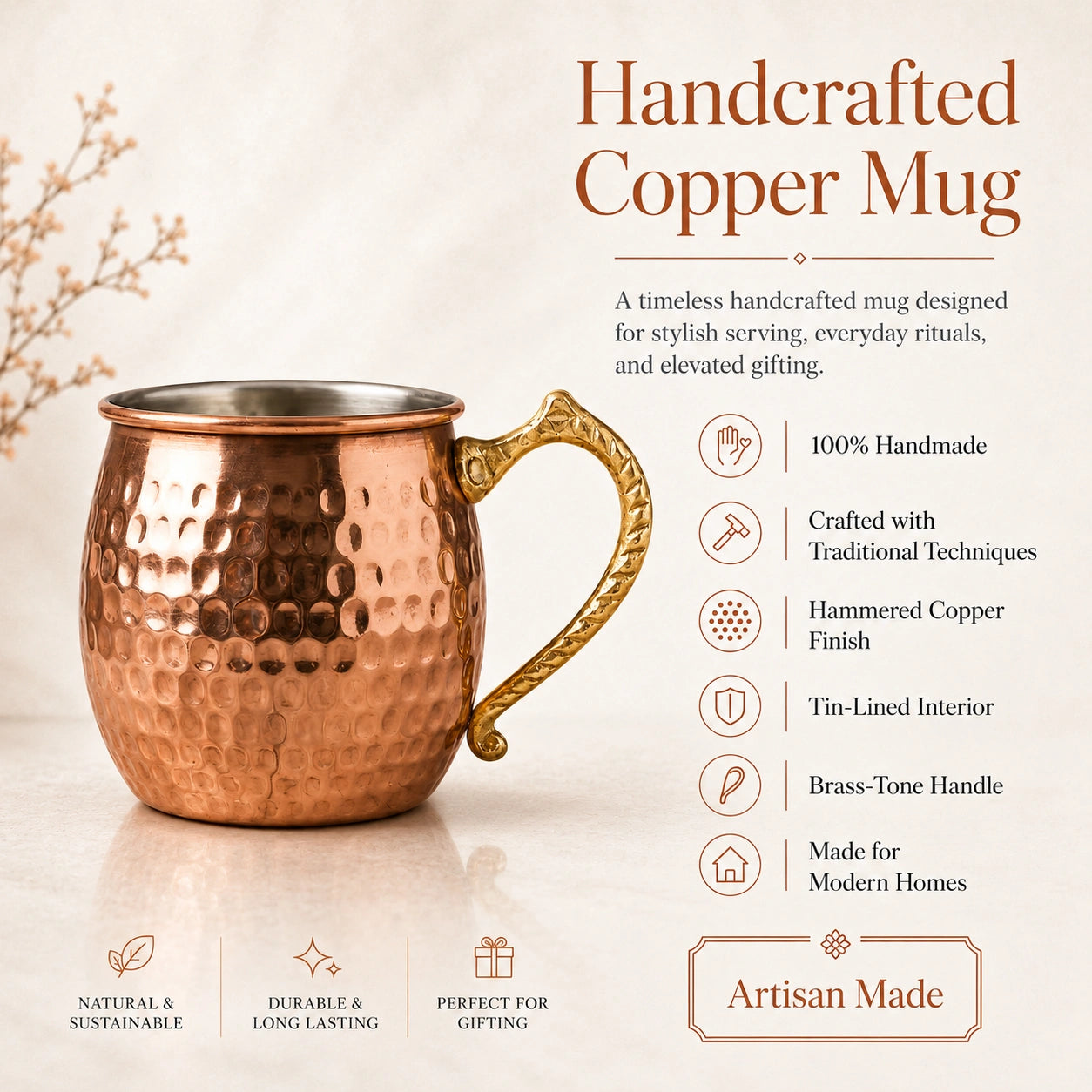 Handcrafted Hammered Copper Mug with Brass Handle