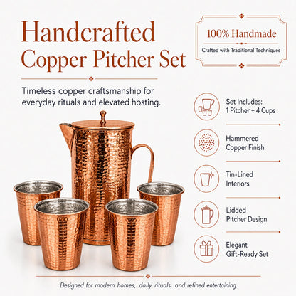 Handcrafted Hammered Copper Pitcher Set of 4 Cups