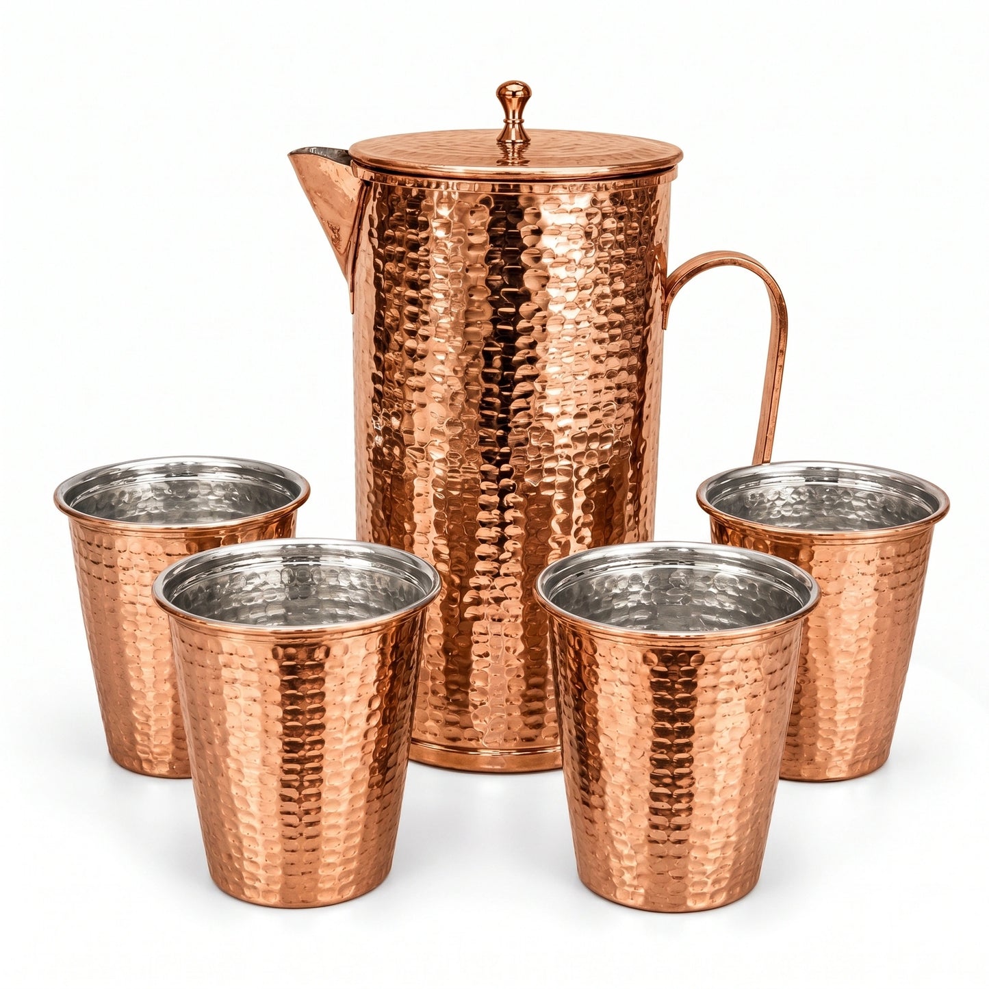 Handcrafted Hammered Copper Pitcher Set of 4 Cups