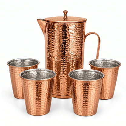 Handcrafted Hammered Copper Pitcher Set of 4 Cups