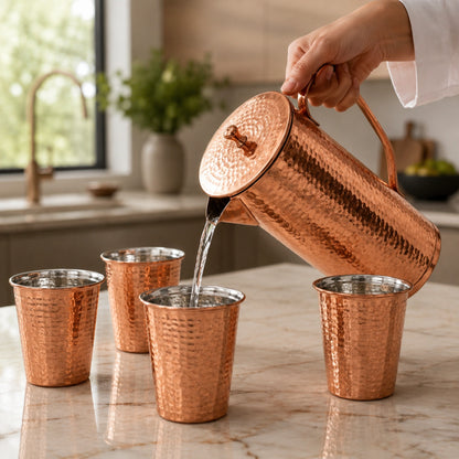 Handcrafted Hammered Copper Pitcher Set of 4 Cups