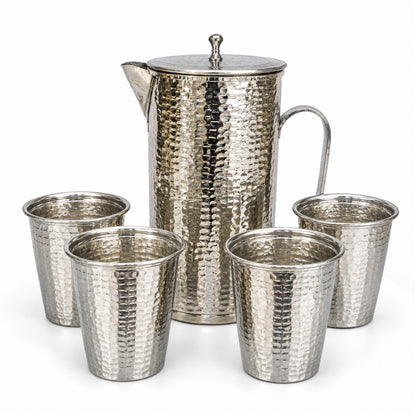 Handcrafted Hammered Copper Pitcher Set of 4 Cups
