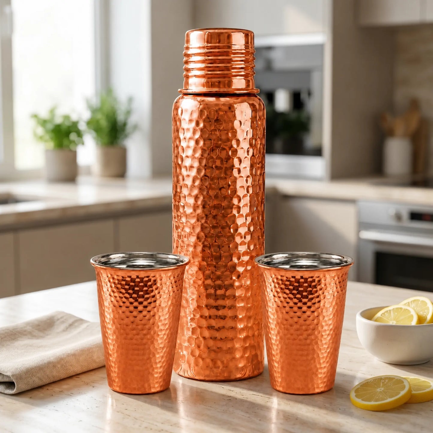 Handcrafted Hammered Copper Bottle Set