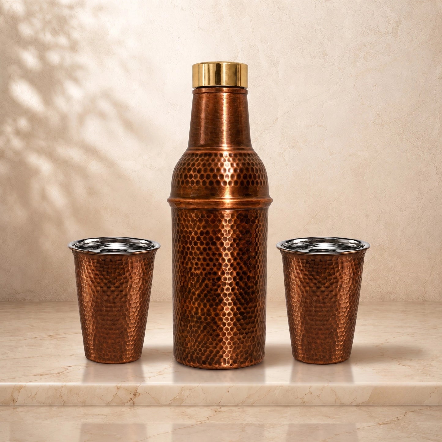 Copper Bottle Set with Brass Lid – Tin-Lined Cups, Handcrafted