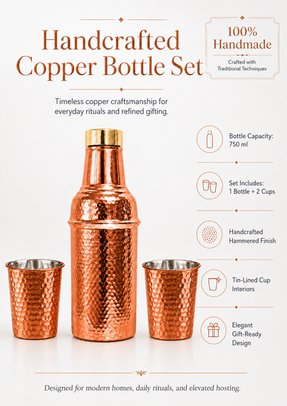 Brass Lid Handcrafted Hammered Copper Bottle Set