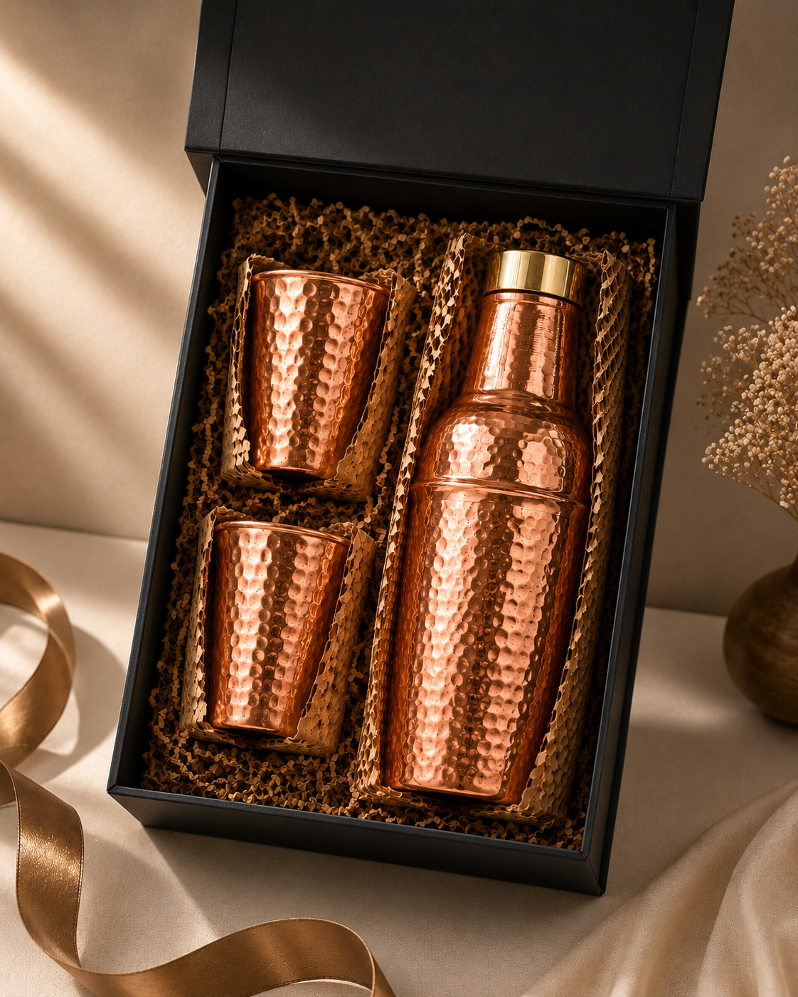 Brass Lid Handcrafted Hammered Copper Bottle Set