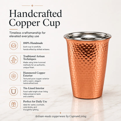 Handcrafted Hammered Copper Cup Set – Tin-Lined Drinking Tumbler