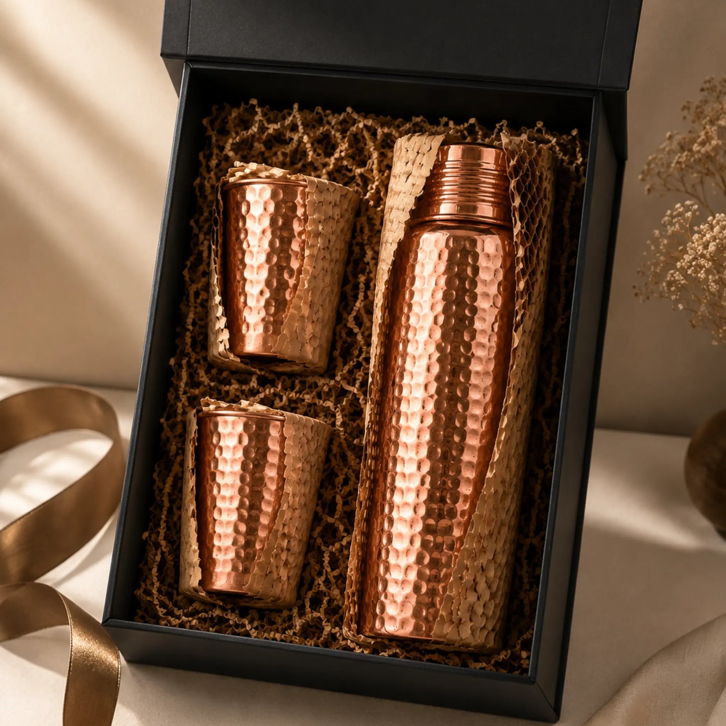 Handcrafted Hammered Copper Bottle Set