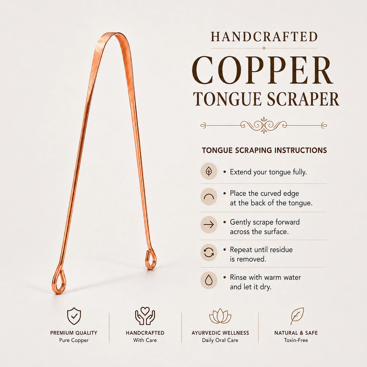 Handcrafted Pure Copper Tongue Scraper Natural - Toxin-Free Daily Oral Hygiene