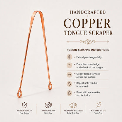 Handcrafted Pure Copper Tongue Scraper Natural - Toxin-Free Daily Oral Hygiene