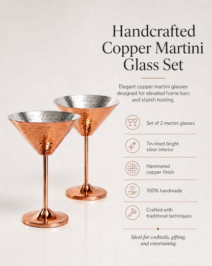 Handcrafted Hammered Copper Martini Glass Set of 2