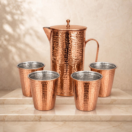 Handcrafted Hammered Copper Pitcher Set of 4 Cups