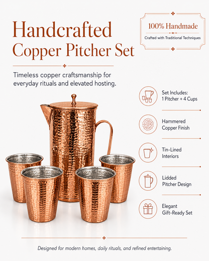 Handcrafted Hammered Copper Pitcher Set
